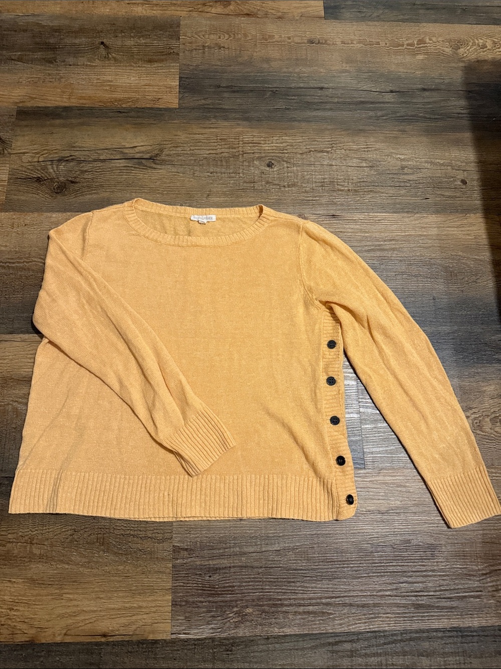 Eileen Fisher 100% Organic Linen Golden Yellow Crewneck Sweater with Side Button